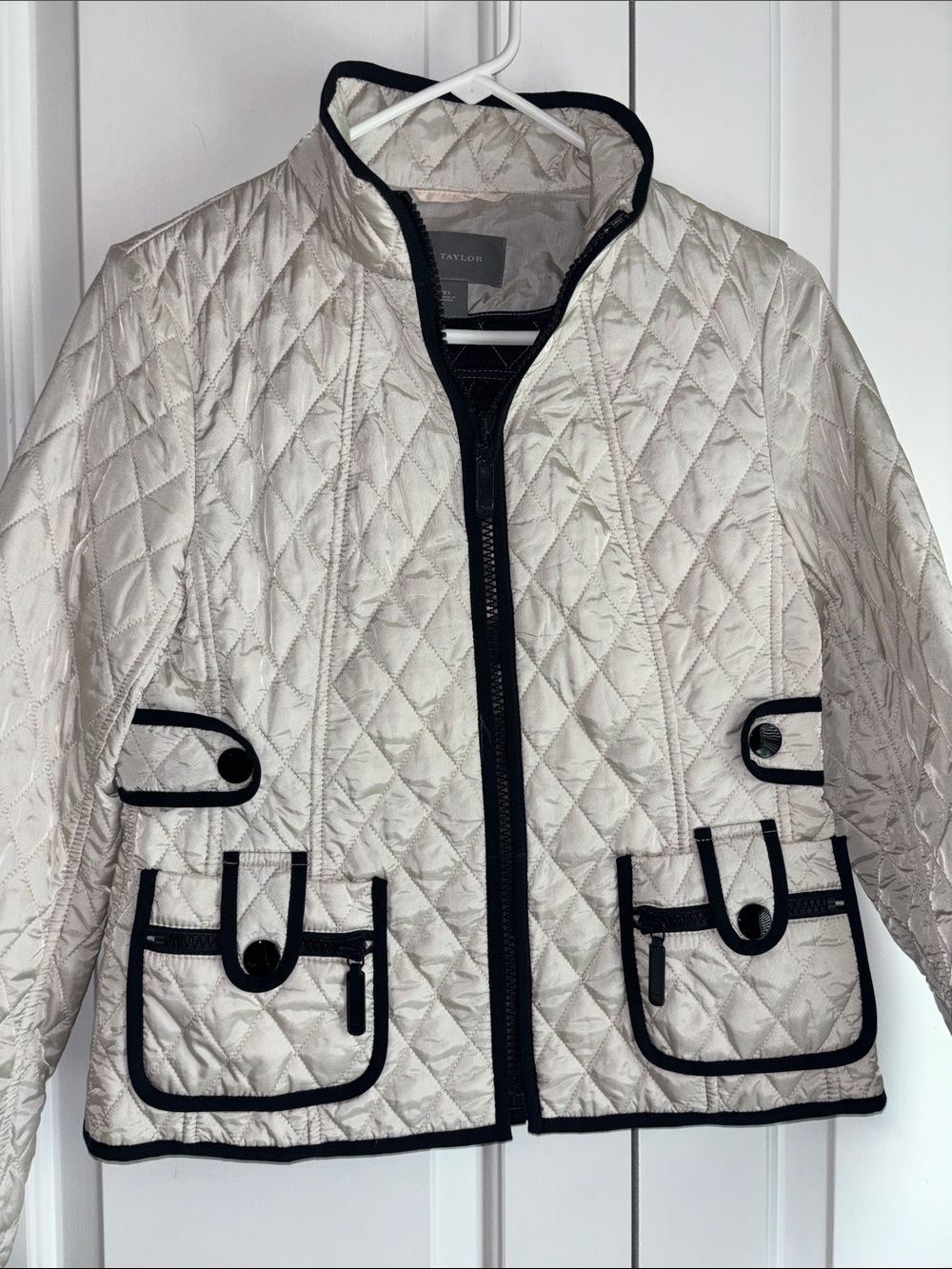 Ann Taylor Cream Quilted Jacket with Black Trim